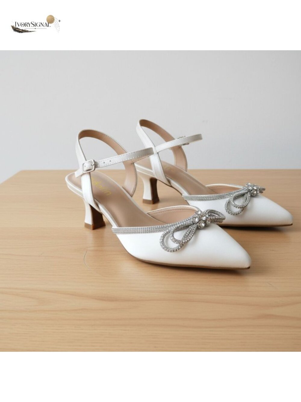 Wide Width Kitten Heels Rhinestone Bow Pointed Toe Pumps Satin Ankle Strap